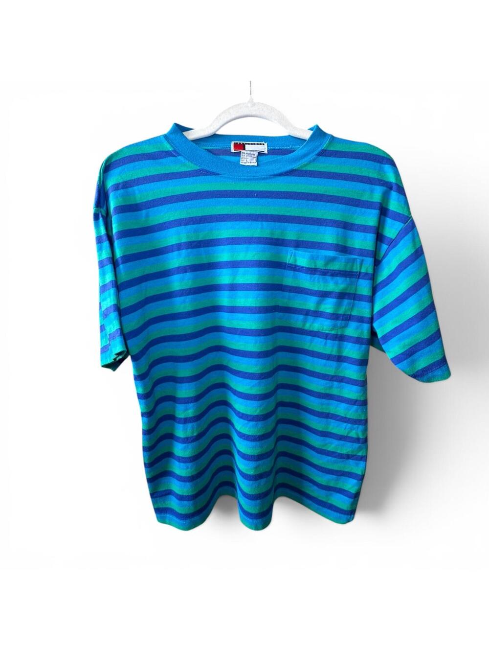Headliners Vintage 90s T-shirt Unisex Size L Stripe Cotton Blue Green pocket EUC